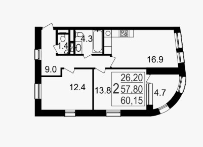 Двухкомнатная квартира 60.15 м²