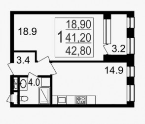 Однокомнатная квартира 42.8 м²