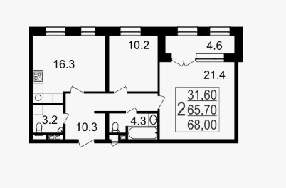 Двухкомнатная квартира 68 м²