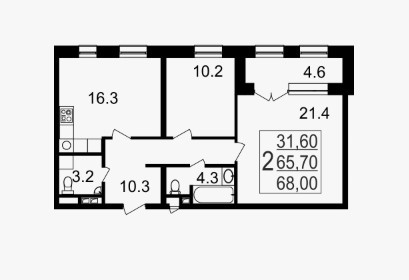 Двухкомнатная квартира 68 м²
