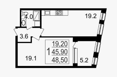 Однокомнатная квартира 48.5 м²