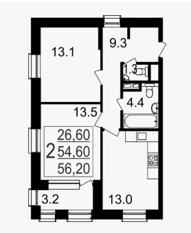 Двухкомнатная квартира 56.2 м²