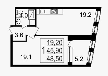 Однокомнатная квартира 48.5 м²