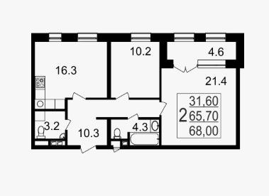 Двухкомнатная квартира 68 м²