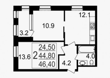 Двухкомнатная квартира 46.4 м²