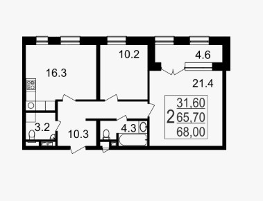 Двухкомнатная квартира 68 м²