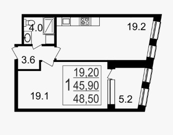 Однокомнатная квартира 48.5 м²