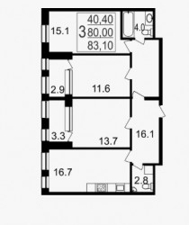 Трёхкомнатная квартира 83.1 м²