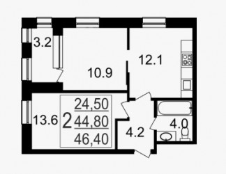 Двухкомнатная квартира 46.4 м²