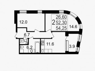 Двухкомнатная квартира 54.25 м²