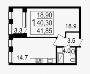 Однокомнатная квартира 42.75 м²