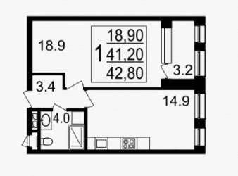 Однокомнатная квартира 42.8 м²