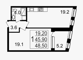 Однокомнатная квартира 48.5 м²